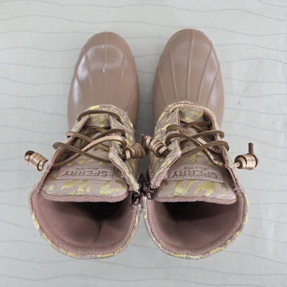 Sperry Womens Top-Sider Saltwater Duck Boots Salmon Gold Leopard Side Zip Sz 6.5